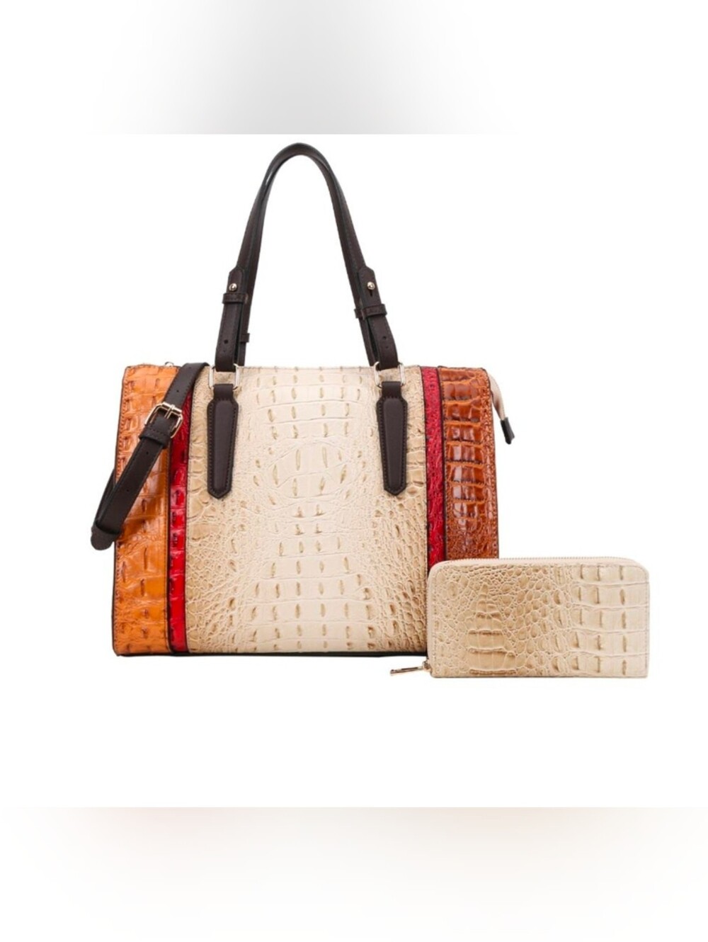 Croc-Embossed Cream & Brown Satchel with Wallet